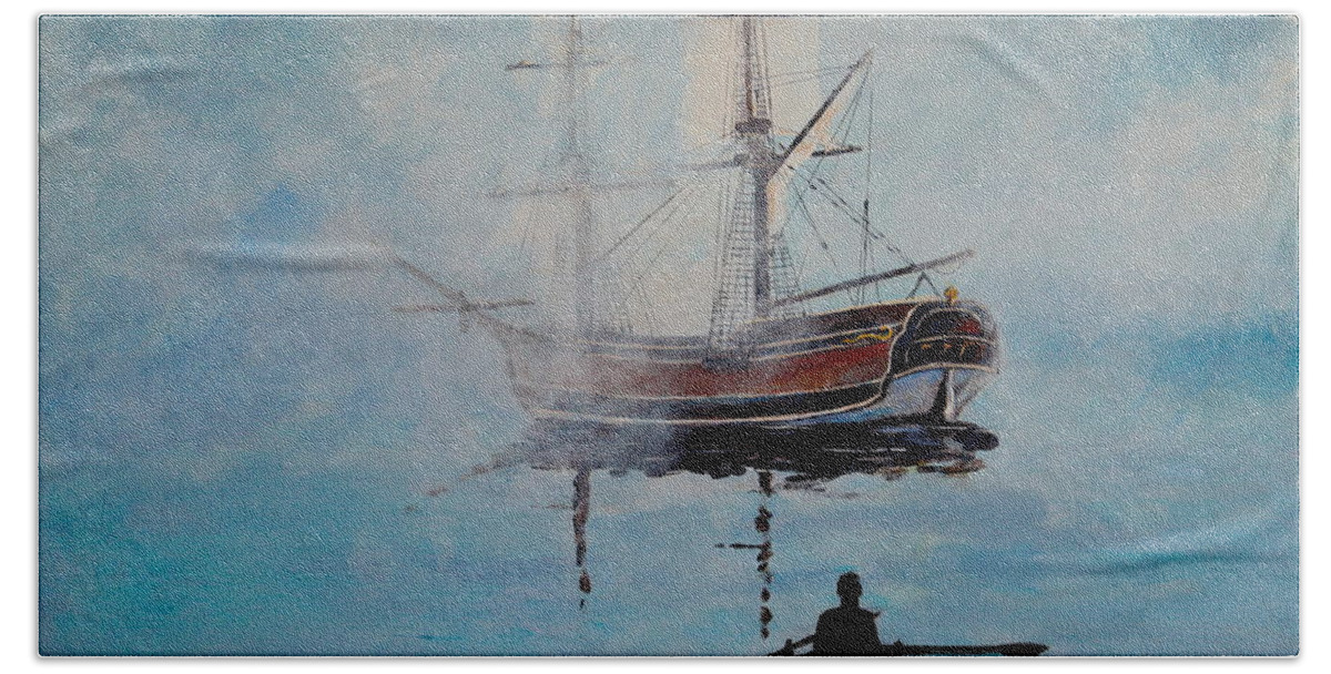 Fog Bath Towel featuring the painting Into the Mist by Alan Lakin