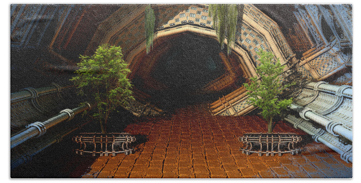 Sciencefiction Scifi Grunge Dystopian Fractal Fractalart Steampunk Mandelbulb3d Mandelbulb Hand Towel featuring the digital art Inviting Dark Tunnel by Hal Tenny