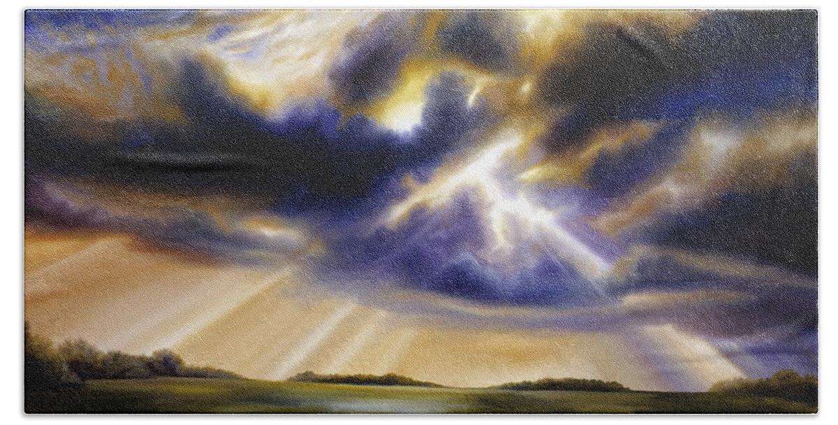 Sunrise; Sunset; Power; Glory; Cloudscape; Skyscape; Purple; Red; Blue; Stunning; Landscape; James C. Hill; James Christopher Hill; Jameshillgallery.com; Ocean; Lakes; Storms; Lightning; Rain; Rays; God Bath Towel featuring the painting Iowa Storms by James Christopher Hill