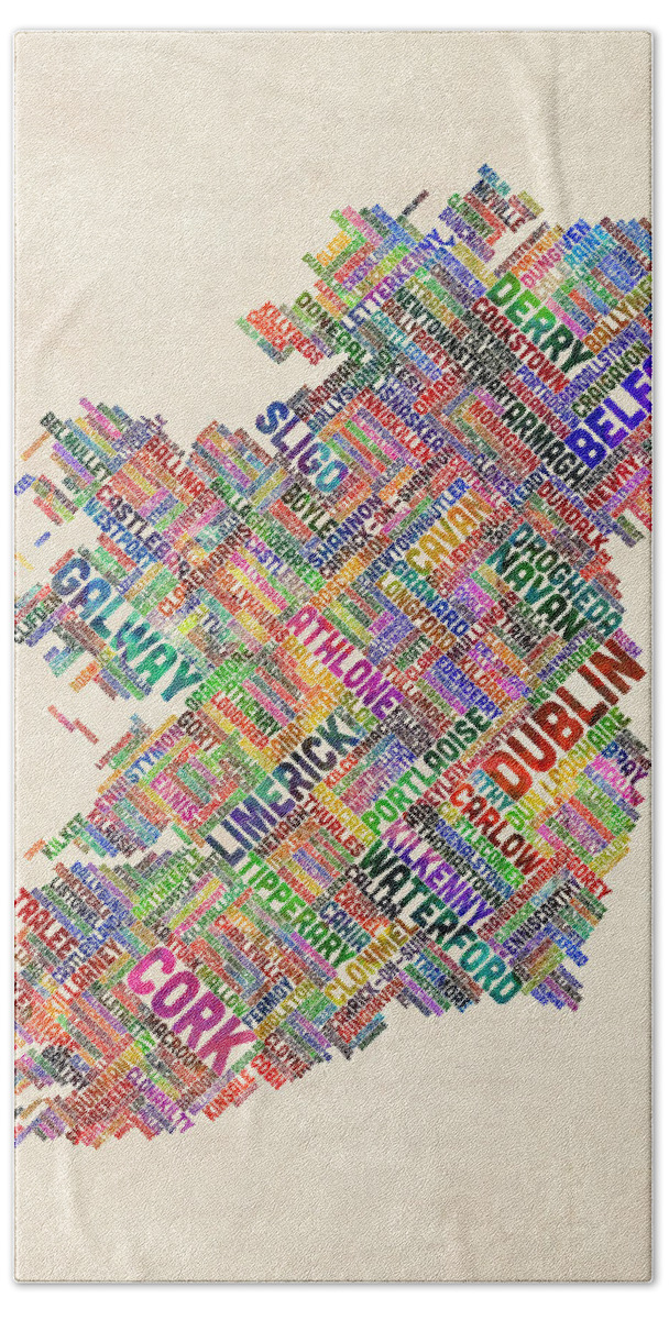 Ireland Map Hand Towel featuring the digital art Ireland Eire City Text Map Derry Version by Michael Tompsett