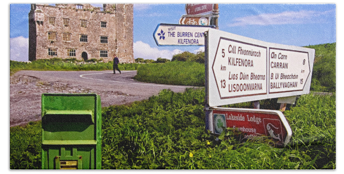 Ireland Bath Towel featuring the photograph Ireland - Rural Crossroads With Post Box, Signs, And Ruins by Mitch Spence