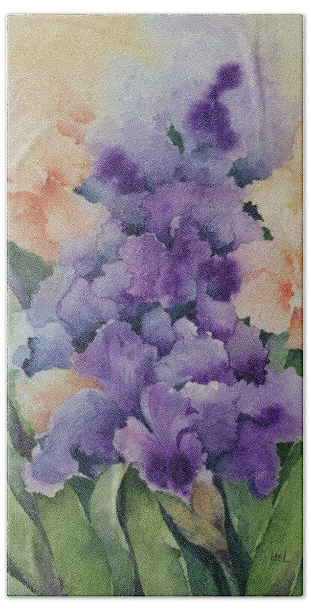 Iris Bath Towel featuring the painting Iris #3 by Lael Rutherford