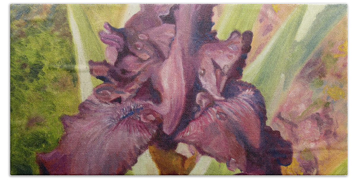 Iris Hand Towel featuring the painting Iris Flower by Kathy Knopp