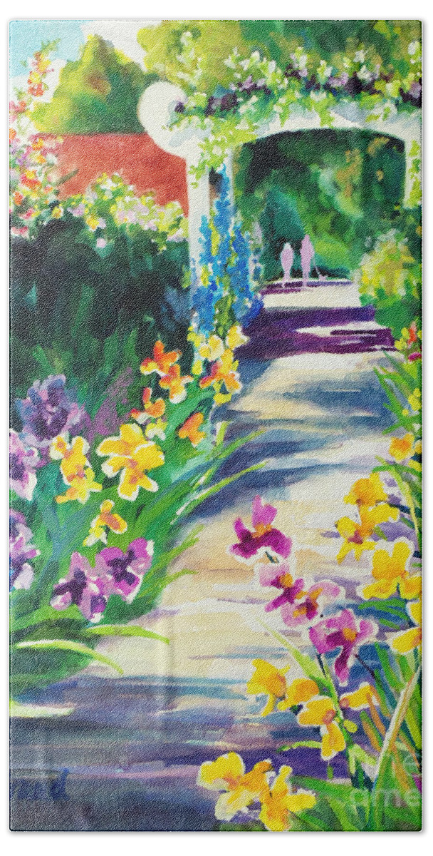 Paintings Hand Towel featuring the painting Iris Garden Walkway  by Kathy Braud