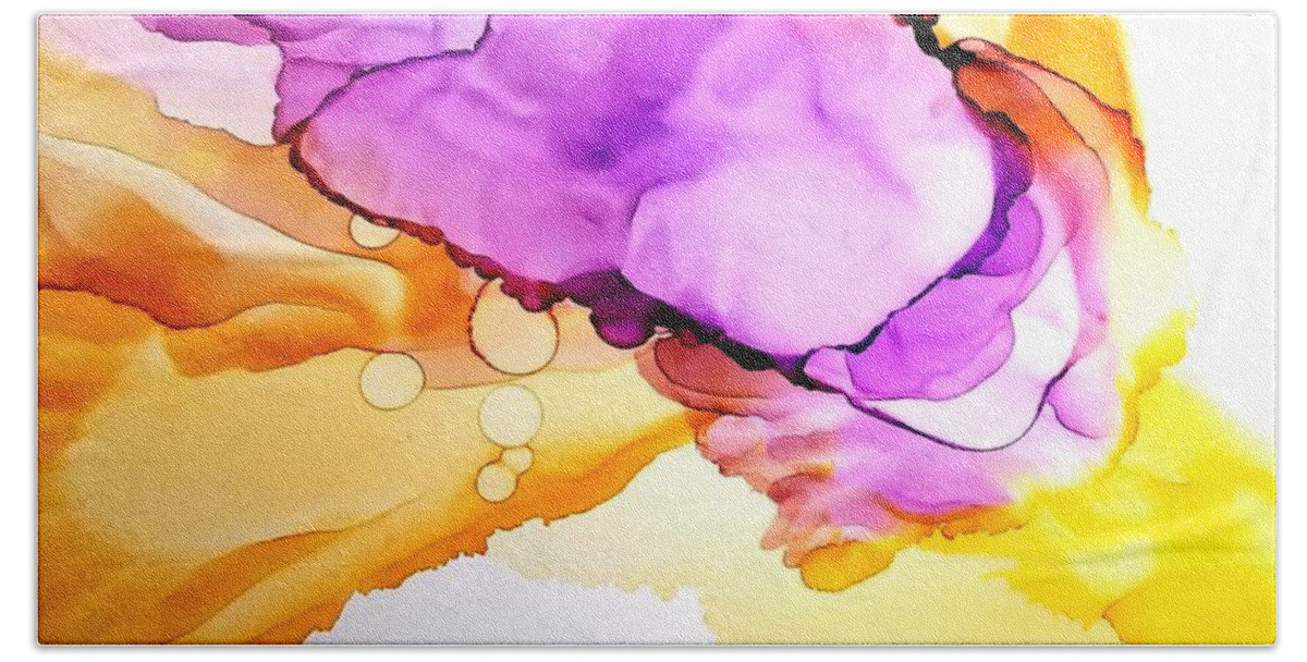 Alcohol Ink Red Yellow Orange Purple Landscape Floral Garden Meadow Serene Sunset Decor Forest Wildflowers Cascade Bath Towel featuring the painting Iris by Kelly Dallas