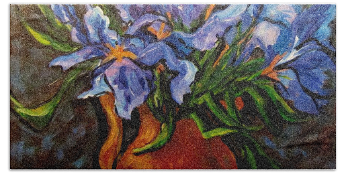 Irises Bath Towel featuring the painting Irises by Barbara O'Toole
