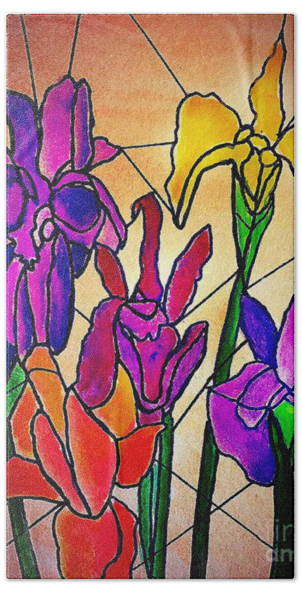 Floral Flower Multicolor Stained Glass Irises Bath Towel featuring the painting Irises Stained Glass Effect by Anne Sands