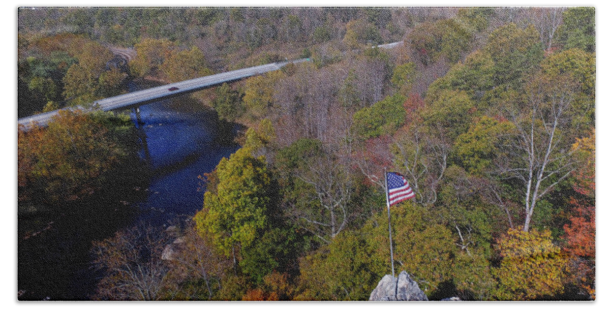 Iron Gate Bath Towel featuring the photograph Iron Gate American Flag by Star City SkyCams