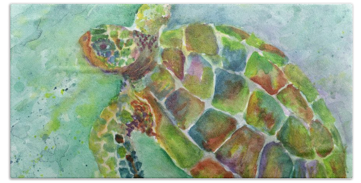 Turtle Bath Towel featuring the painting Island Turtle by Bev Veals