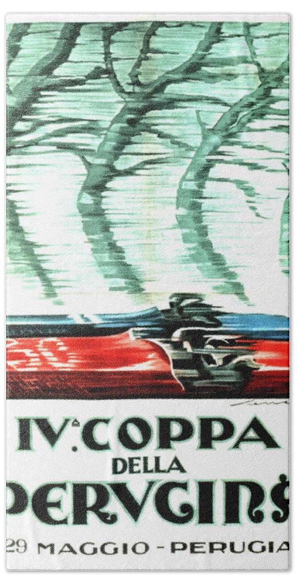 Vintage Hand Towel featuring the mixed media IV Coppa Della Perugina - Vintage Italian Car Advertisment Poster by Studio Grafiikka