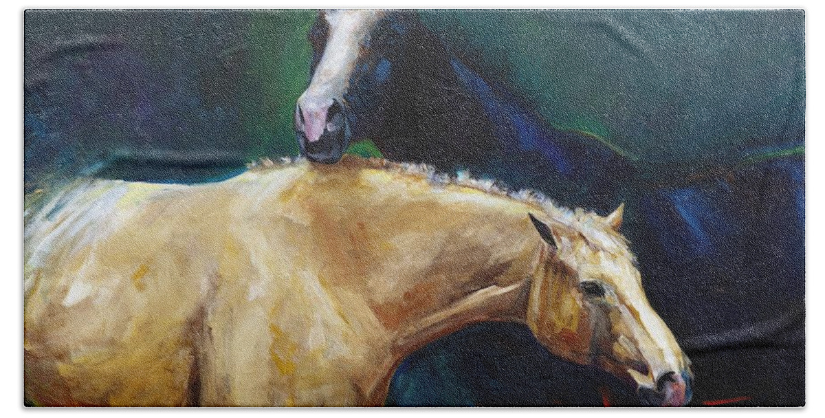 Horses Bath Towel featuring the painting I've Got Your Back by Frances Marino