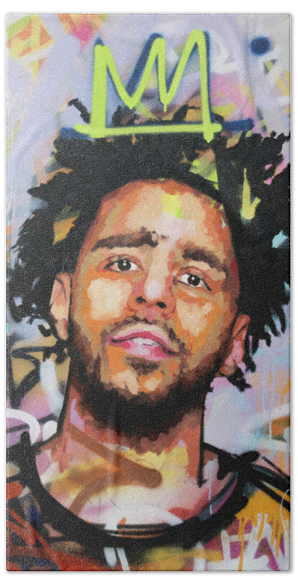 J Cole Hand Towel featuring the painting J Cole by Richard Day