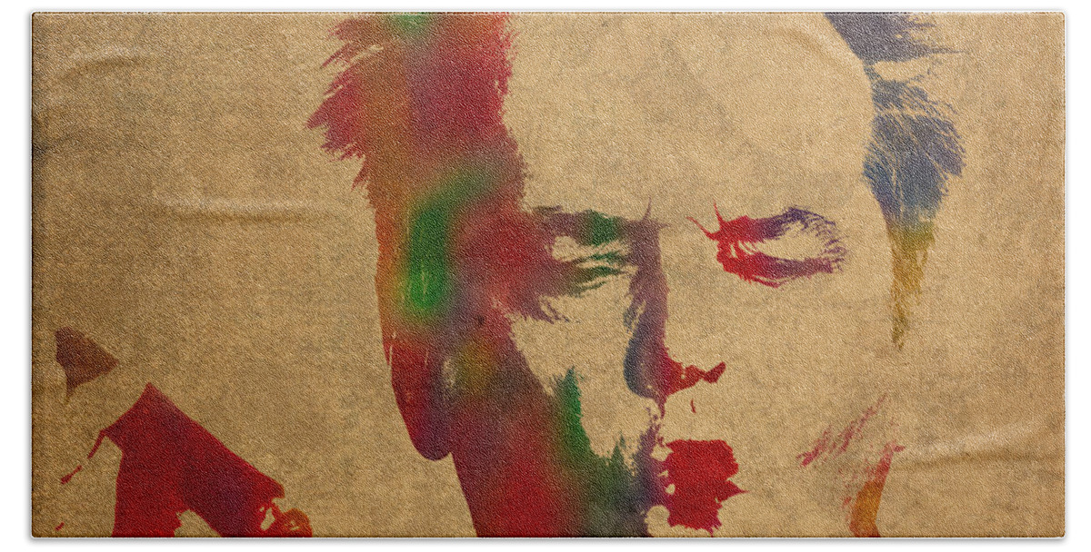 Jack Nicholson Hand Towel featuring the mixed media Jack Nicholson Smoking a Cigar Blowing Smoke Ring Watercolor Portrait on Old Canvas by Design Turnpike