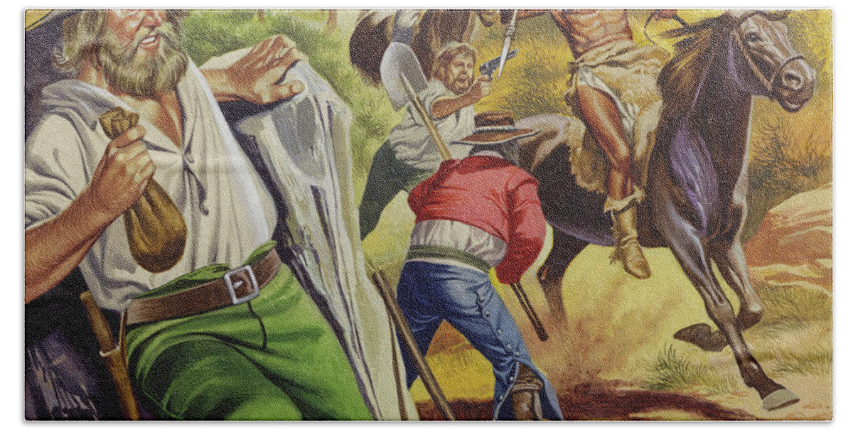 Panning Bath Towel featuring the painting Jacob Waltz and his friend being attacked by Apache Indians by Ron Embleton