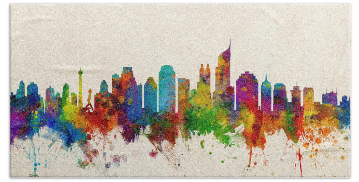 Watercolour Hand Towel featuring the digital art Jakarta Skyline Indonesia Bombay by Michael Tompsett