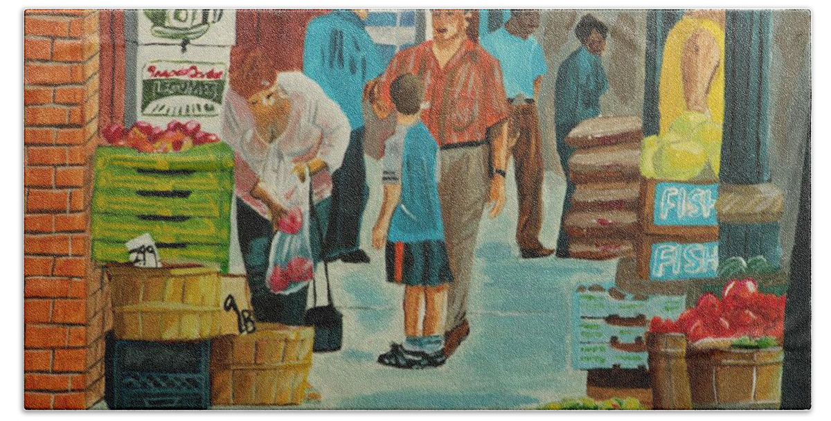 Cityscape Bath Towel featuring the painting Jame St Fish Market by David Bigelow