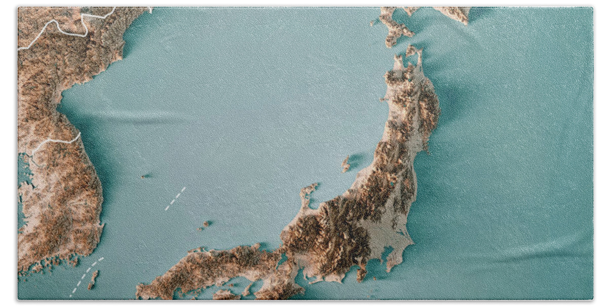 Japan Hand Towel featuring the digital art Japan 3D Render Topographic Map Neutral Border by Frank Ramspott