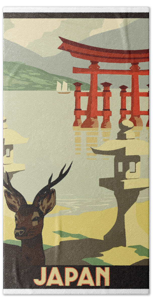 Japan Bath Towel featuring the painting Japan, landscape, deer, vintage travel poster by Long Shot