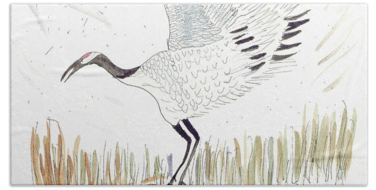 Japanese Crane Bird Bath Towel featuring the painting Japanese Crane and her nest by Helen Holden-Gladsky