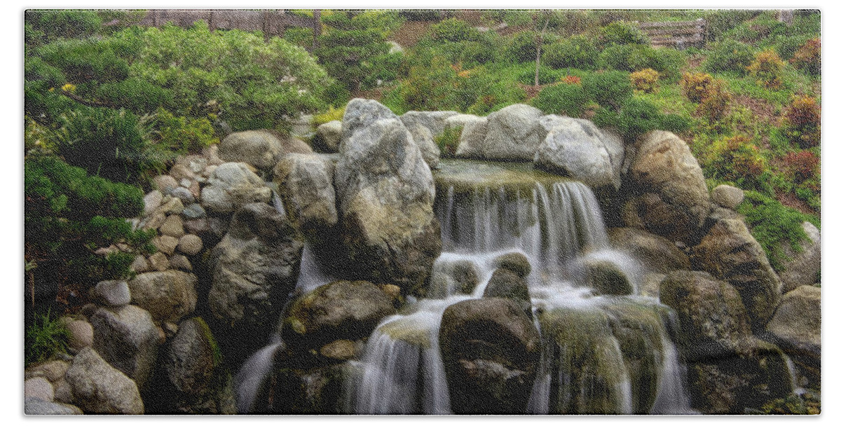 Japanese Garden Hand Towel featuring the photograph Japanese Garden Waterfalls by Bryant Coffey