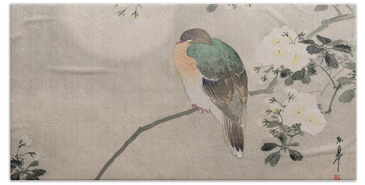 Japan Bath Towel featuring the painting Japanese Silk Painting of a Wood Pigeon by Japanese School
