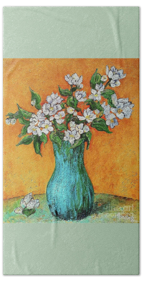 Flowers Bath Towel featuring the painting Jasmine flowers in a blue pot by Amalia Suruceanu