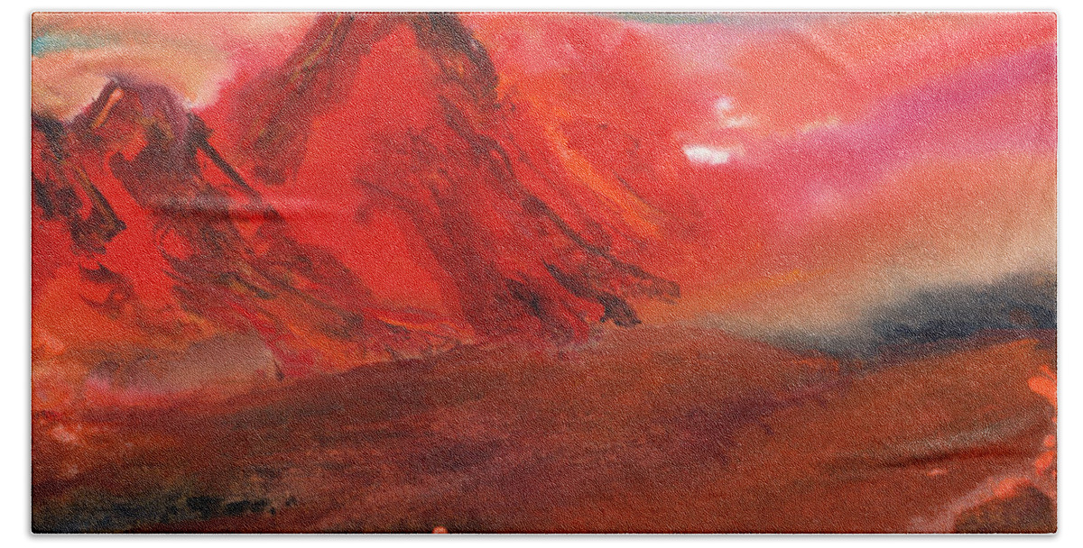 Abstract Hand Towel featuring the painting Jasper Mountain Sunset by Charlene Fuhrman-Schulz