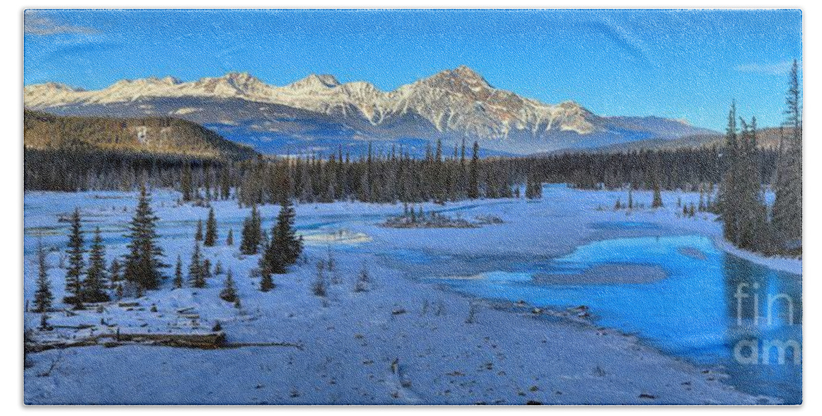 Athabasca River Bath Towel featuring the photograph Jasper Winter Mountain Panorama by Adam Jewell