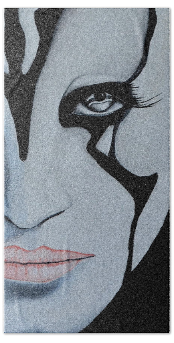 A Portrait Of Jaylah From The Movie Star Trek Beyond. I Painted Half Of Her Face In Black And White And The Other Half In Color. The Painting Was Done With Oil Paint And Treated With A Coating To Preserve The Colors. This Original Painting Is Very Affordable And Would Please Sci-fly Fans. Bath Towel featuring the photograph Jaylah by Martin Schmidt
