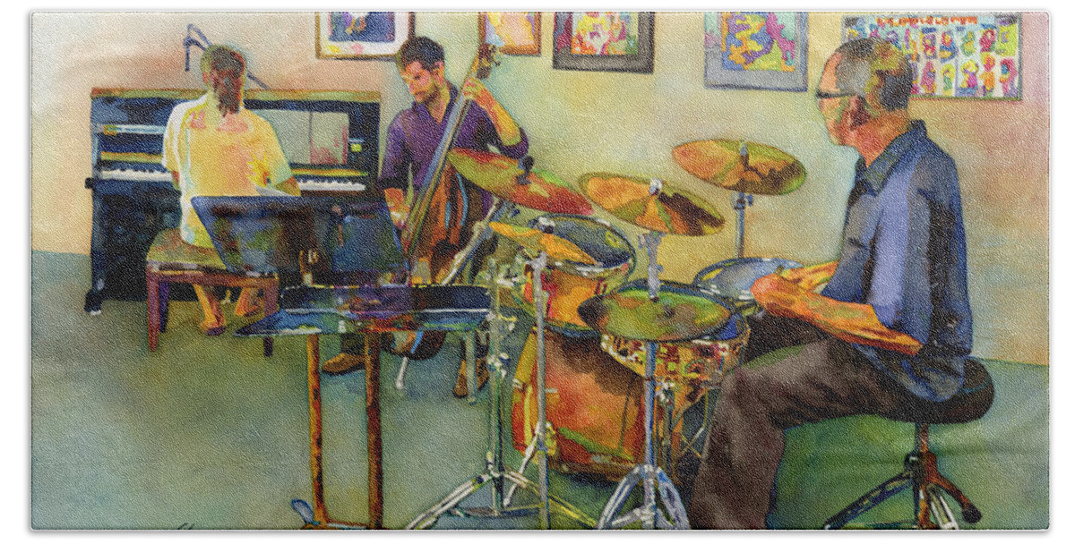 Jazz Bath Sheet featuring the painting Jazz at the Gallery by Hailey E Herrera