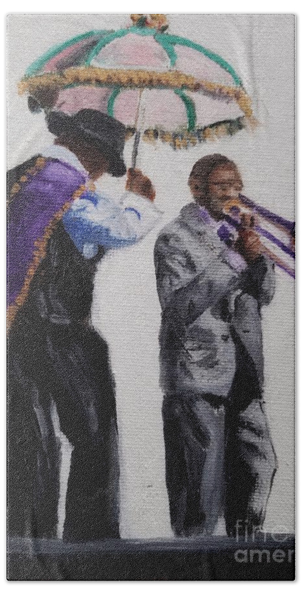 Marsalis Bath Towel featuring the painting Jazz Fest by Mary Capriole
