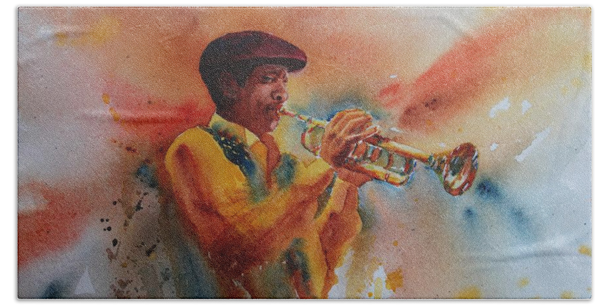 Music Hand Towel featuring the painting Jazz Man by Ruth Kamenev