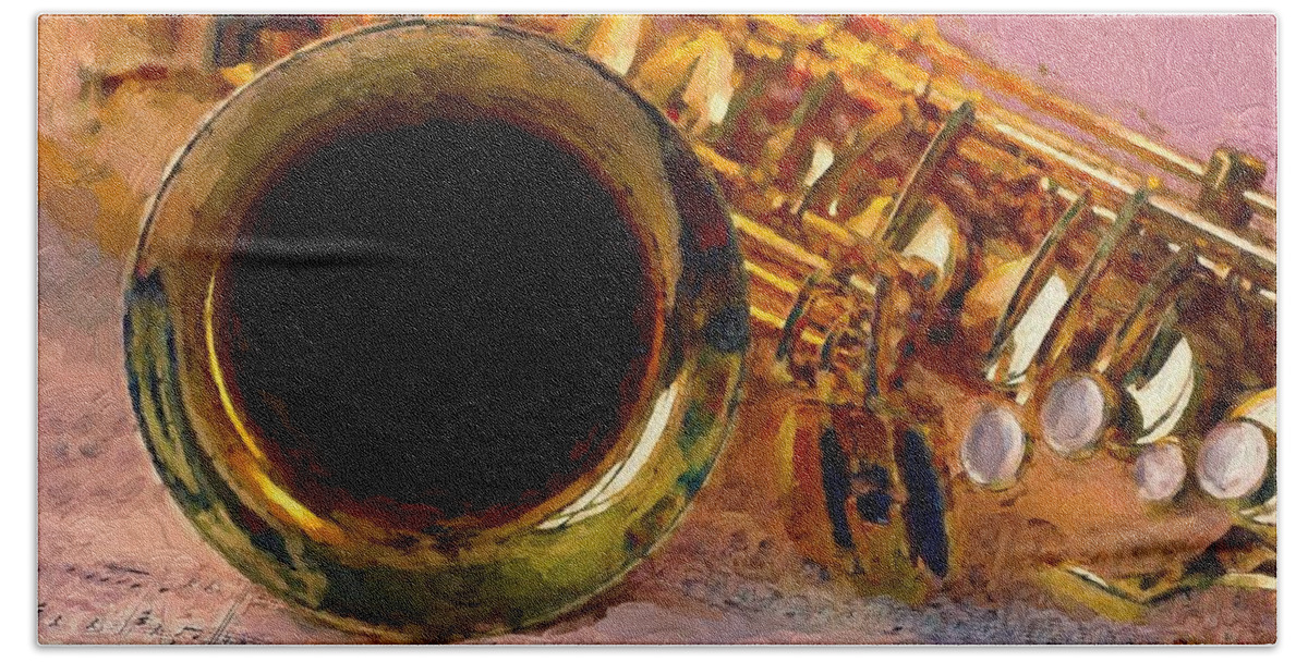 Jazz Saxophone #louis Ferreira Art # Saxophone Paintings # Saxophone Canvas Prints #a Painting Of A Jazz Sax. Hand Towel featuring the painting Jazz Saxophone by Louis Ferreira