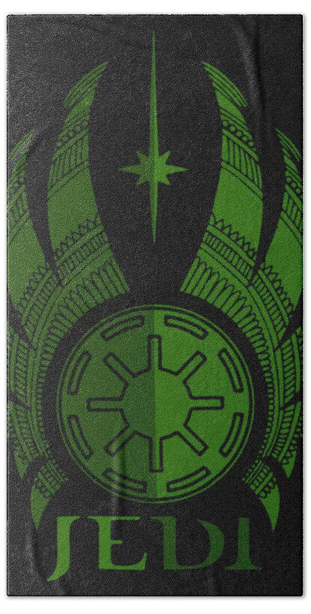 Jedi Bath Sheet featuring the mixed media Jedi Symbol - Star Wars Art, Green by Studio Grafiikka