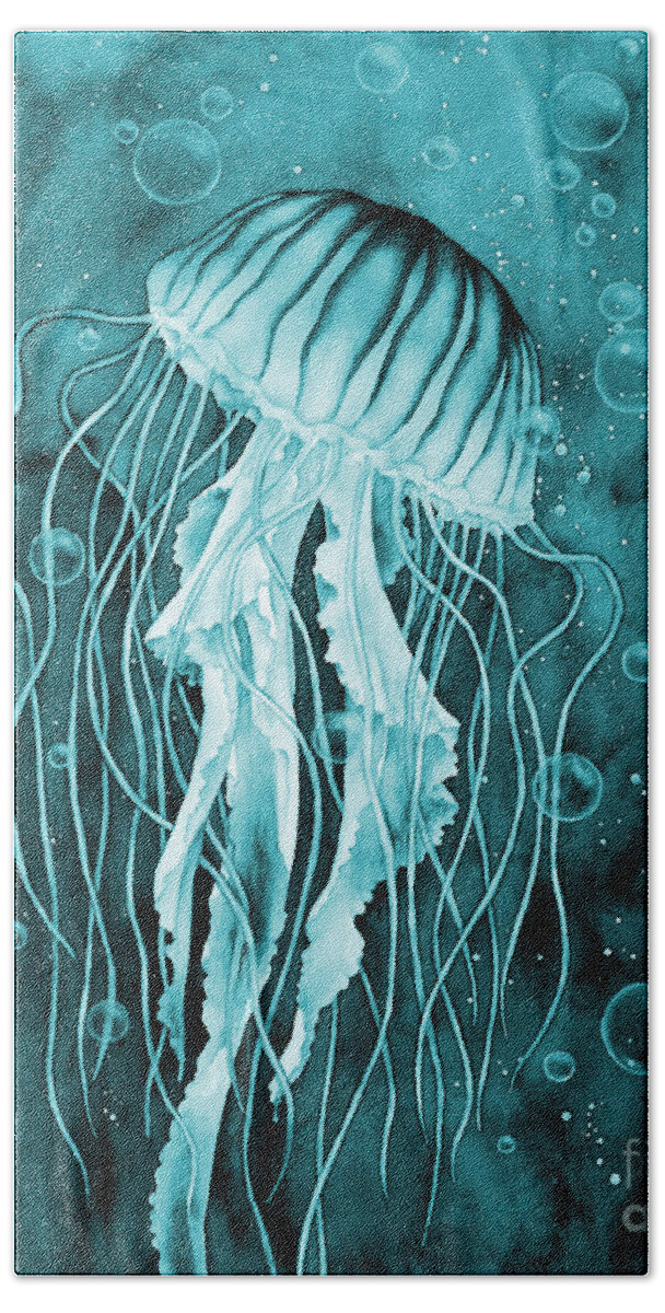 Jellyfish Hand Towel featuring the painting Jellyfish in Blue by Hailey E Herrera