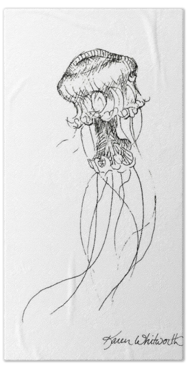 Jellyfish Art Hand Towel featuring the drawing Jellyfish Sketch - Black and White Nautical Theme Decor by K Whitworth