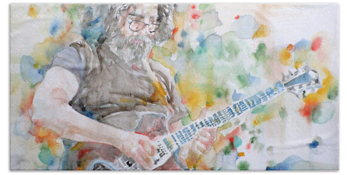 Jerry Garcia Bath Towel featuring the painting JERRY GARCIA - watercolor portrait.15 by Fabrizio Cassetta