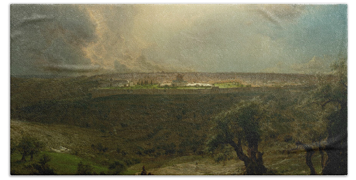 Frederic Edwin Church Hand Towel featuring the painting Jerusalem from the Mount of Olives, from 1870 by Frederic Edwin Church