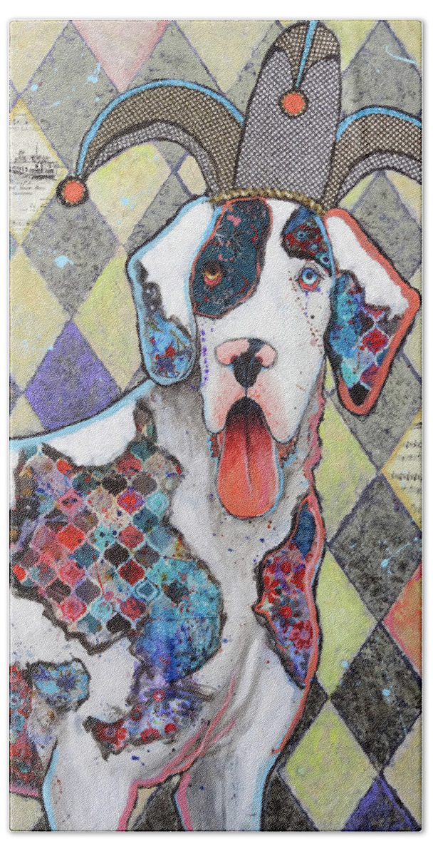 Harlequin Great Dane Bath Towel featuring the painting Jest, I Surely Do by Ande Hall