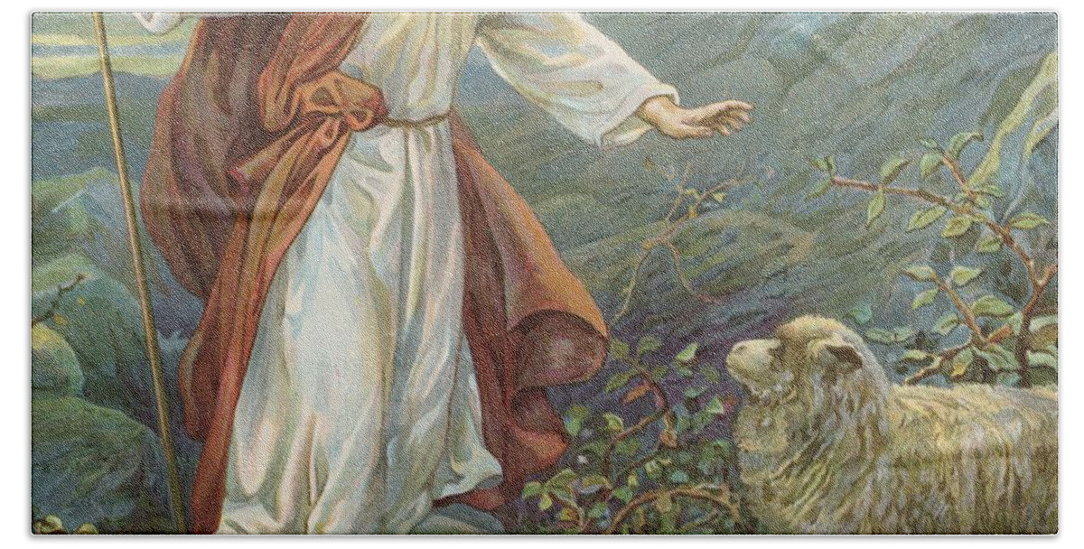 Bible Stories; Biblical; Jesus Christ; The Tender Shepherd; Sheep; Rescue Hand Towel featuring the painting Jesus Christ The Tender Shepherd by Ambrose Dudley
