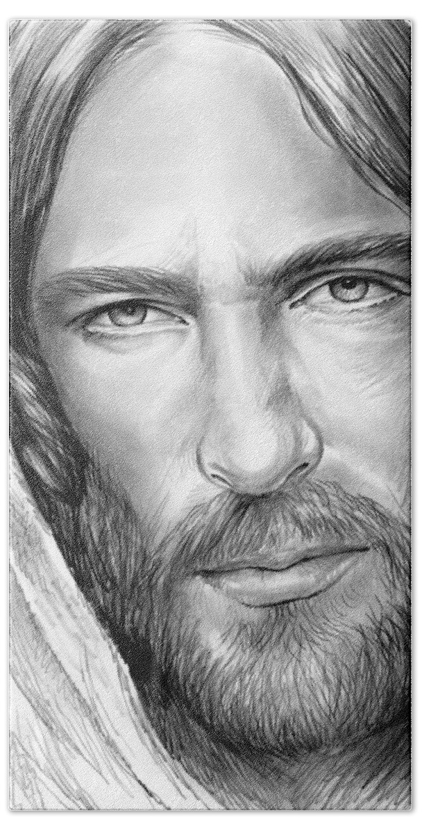 Jesus Bath Sheet featuring the drawing Jesus Face by Greg Joens