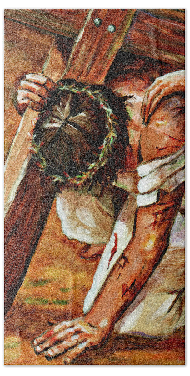 Jesus Bath Towel featuring the painting Jesus Falls by Dorothy Riley