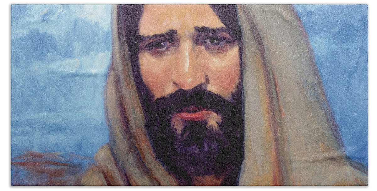 Jesus Jerusalem Messiah Prophet King Savior           Bath Towel featuring the painting Jesus overlooking Jerusalem by Murry Whiteman