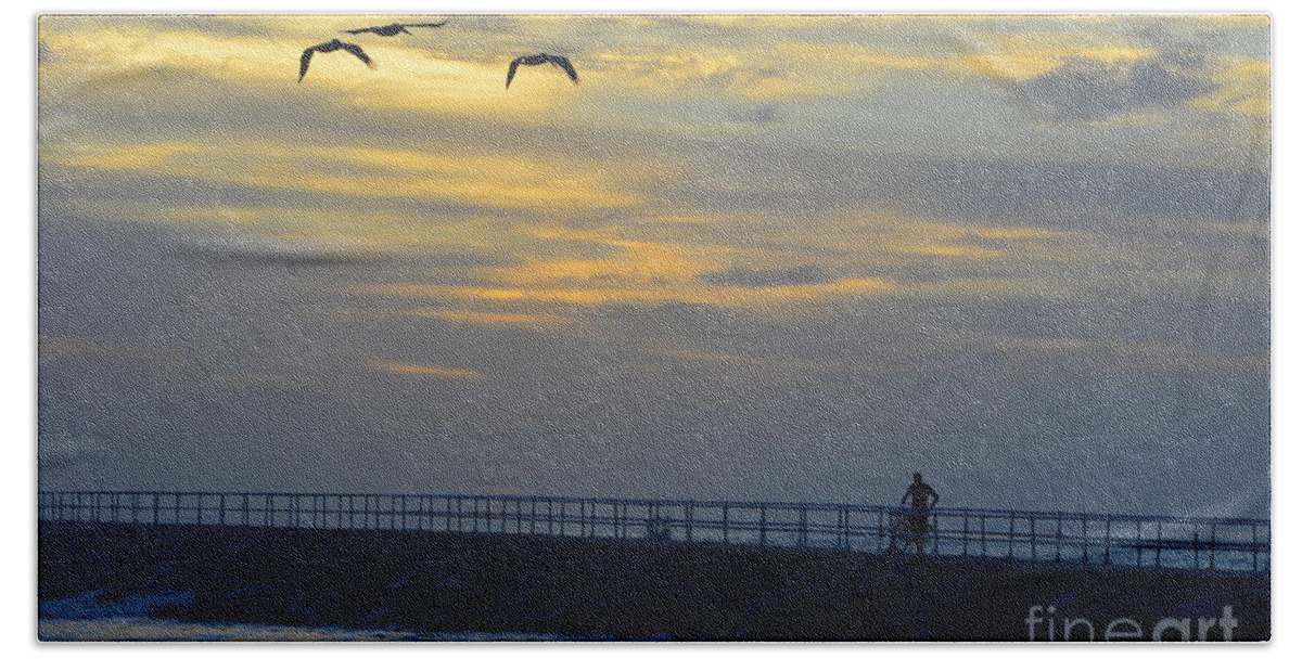 Cyclist Bath Towel featuring the photograph Jetty sunrise with Pelicans and cyclist 12-27-15 by Julianne Felton