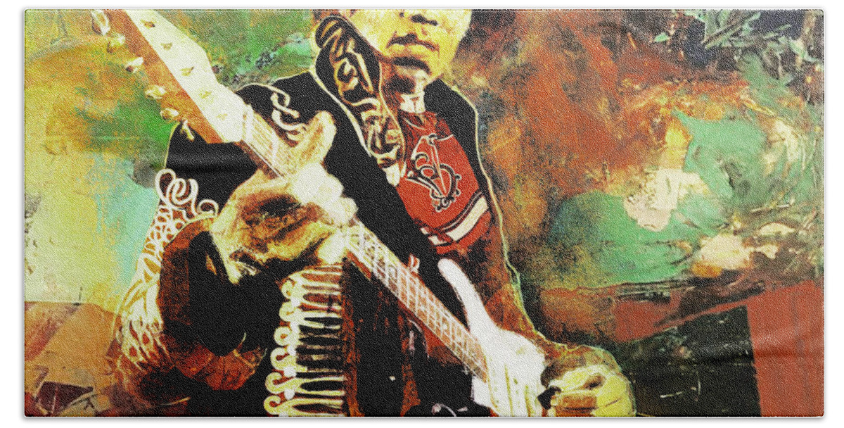 Guitar Bath Towel featuring the painting Jimi Hendrix the legend 01 by Gull G