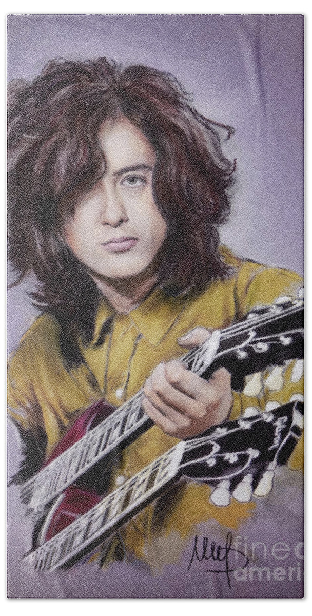 Jimmy Page Hand Towel featuring the pastel Jimmy Page 1 by Melanie D