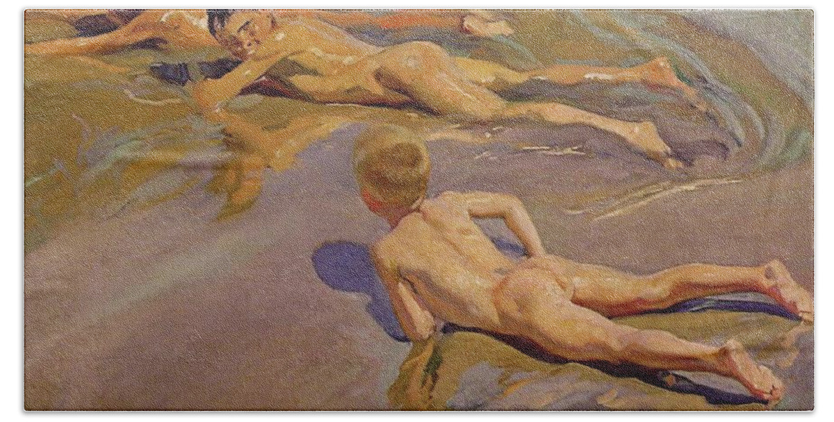 Children On The Beach Bath Towel featuring the painting Children on the Beach by Joaquin Sorolla