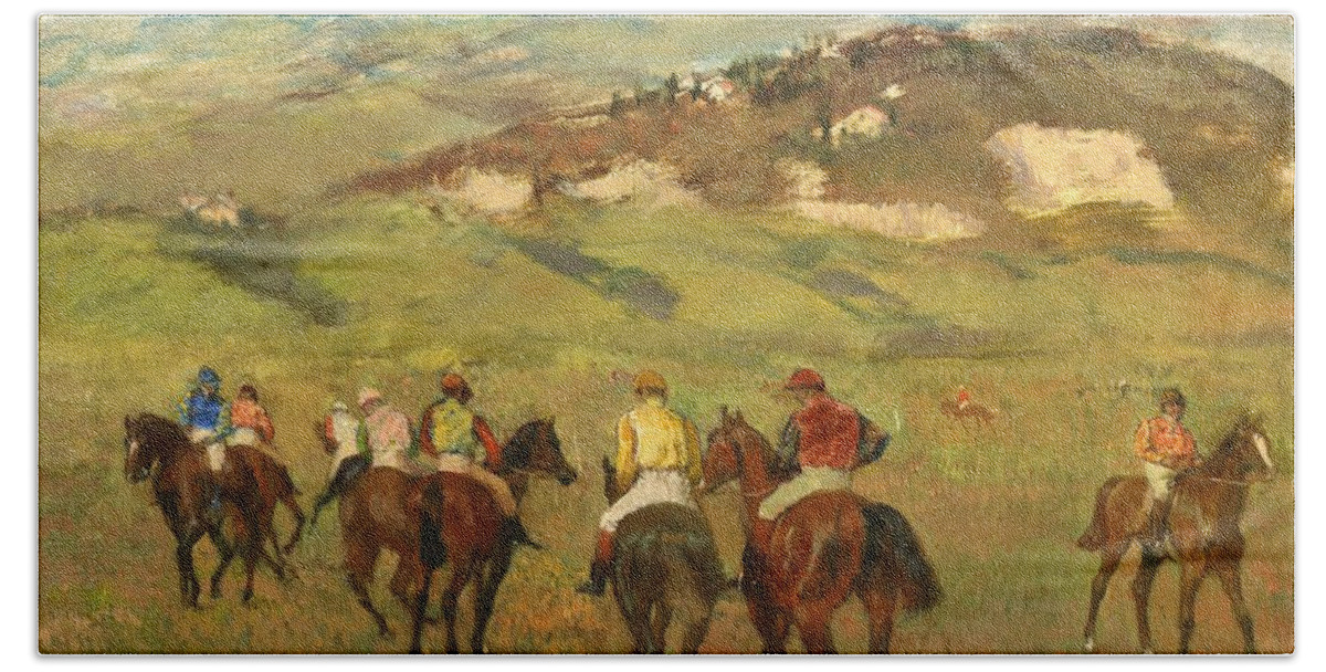 Jockeys Bath Towel featuring the painting Jockeys on Horseback before Distant Hills by Degas by Edgar Degas