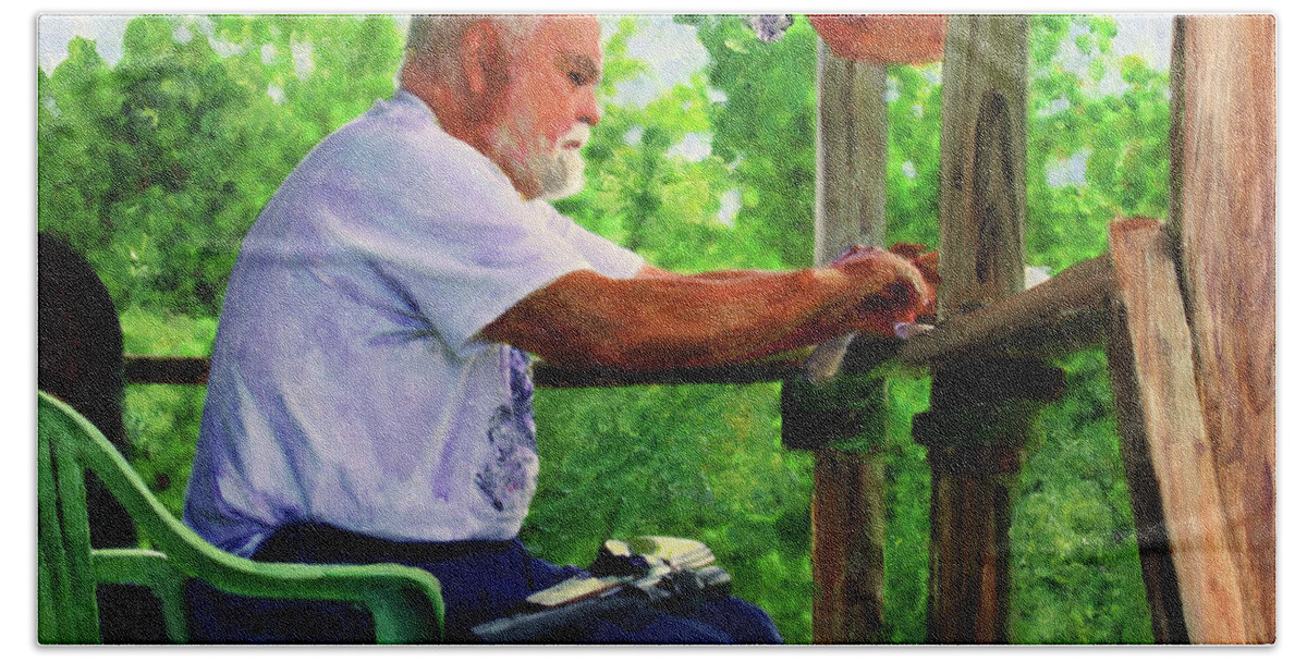 Art Bath Towel featuring the painting John Cleaning the Rifle by Donna Walsh