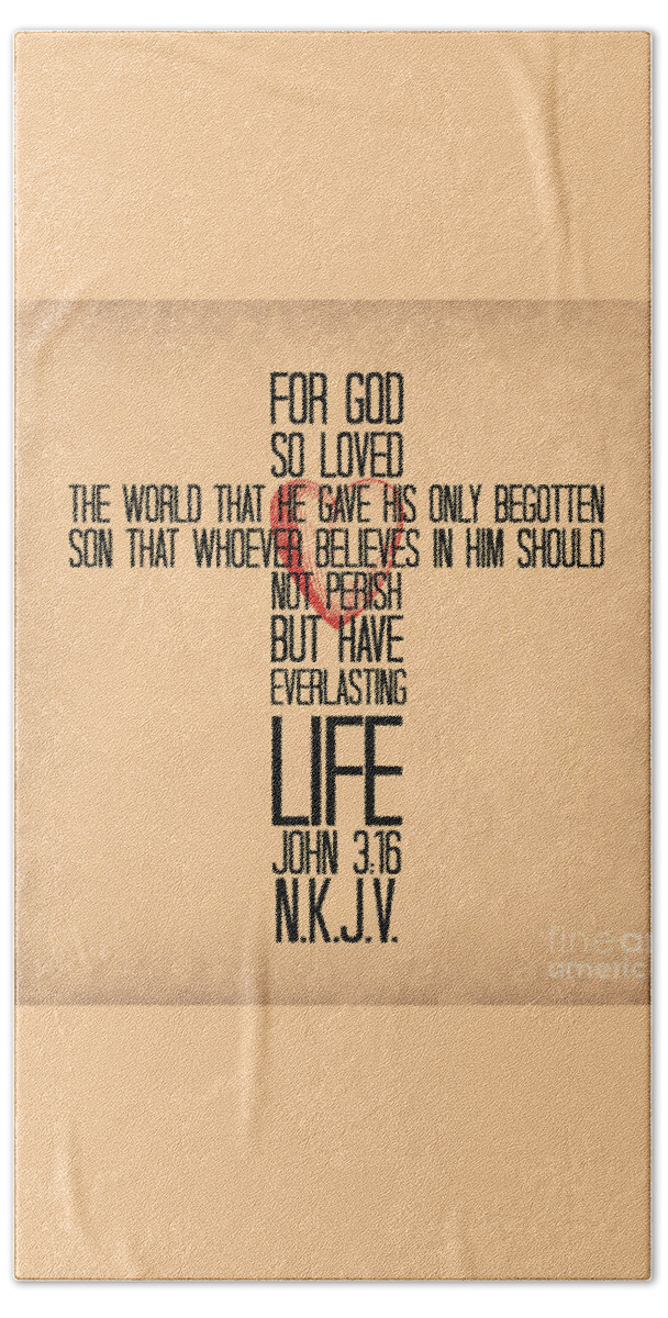 Typographic Art Hand Towel featuring the mixed media John Three Sixteen The Cross by Eric Liller